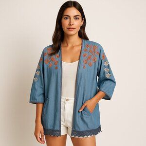 Billy T Kimono Jacket Small Blue Chambray Embroidered Floral